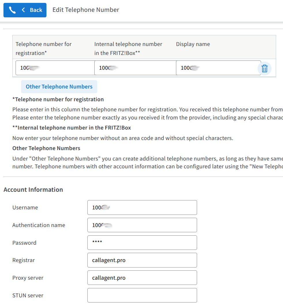 Fritz!Box Edit Telephone Number showing SIP configuration with callagent.pro as registrar