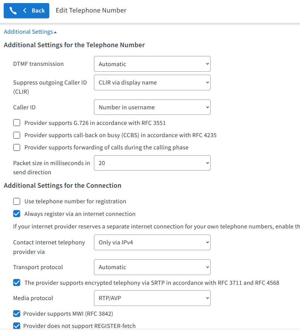 Fritz!Box Additional Settings for SIP telephone number with SRTP encryption enabled