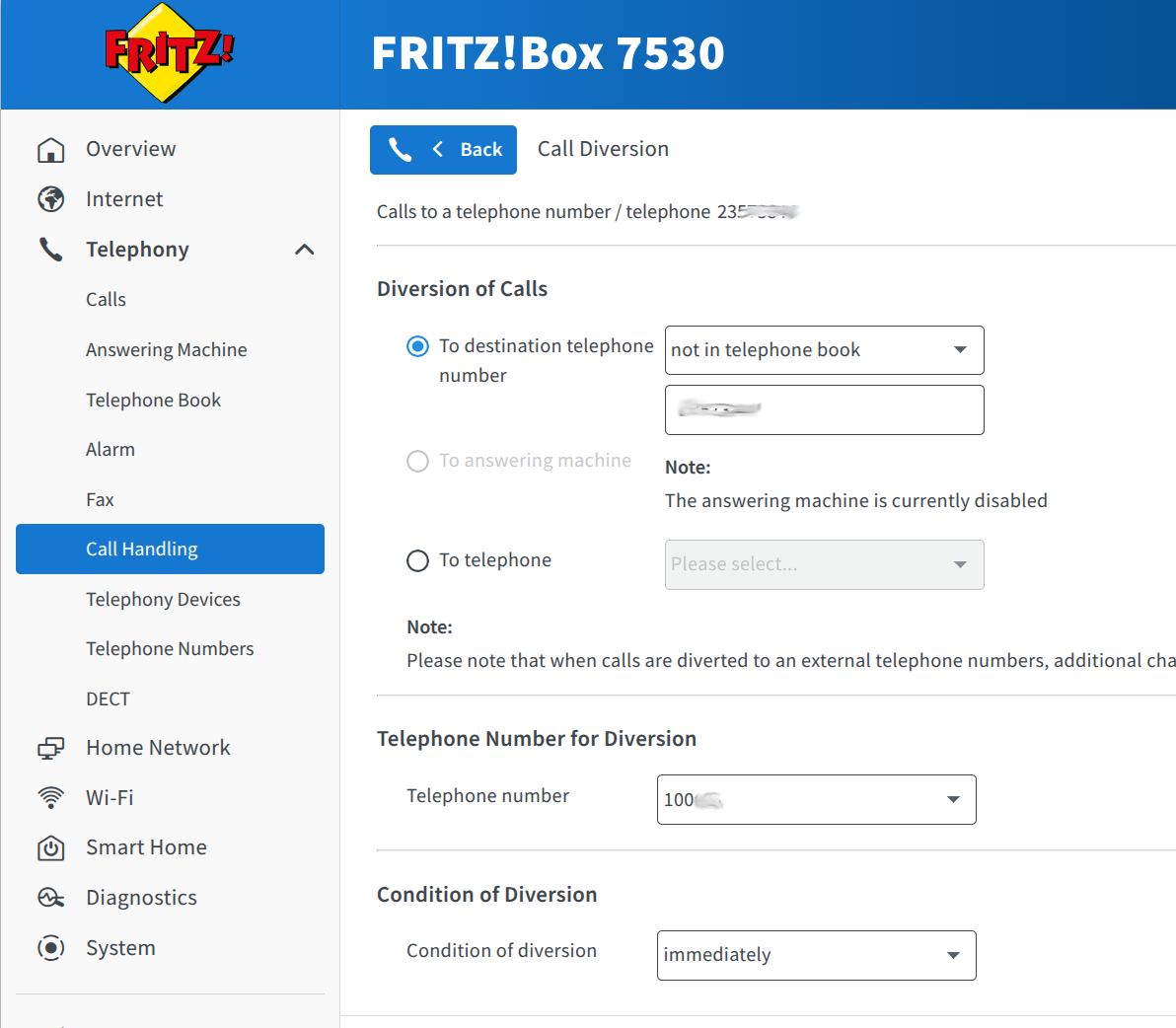 Fritz!Box Call Diversion setup showing diversion to SIP telephone number
